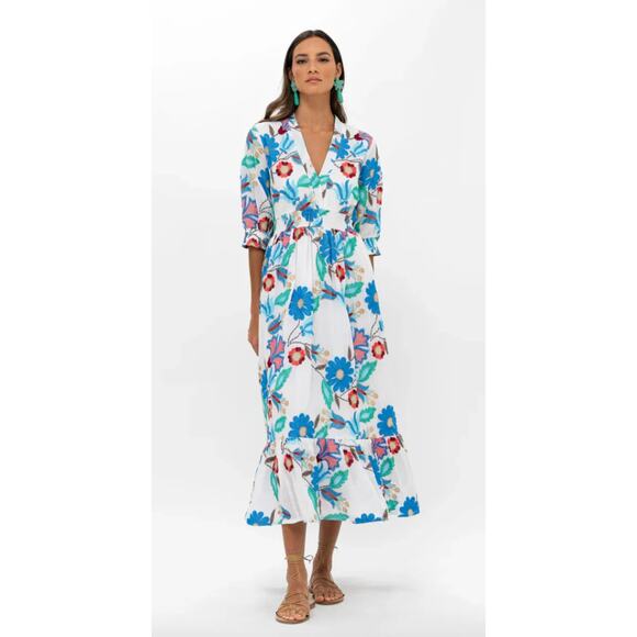 Oliphant V-neck Smocked Waist Midi Dress Embroidered Floral Monet Tuckernuck - Picture 1 of 9